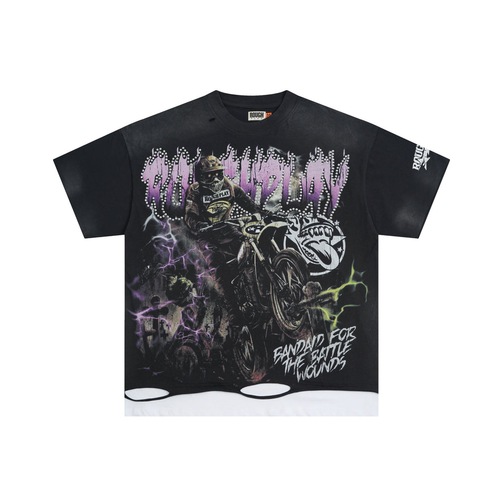 Roughplay Lightning Dirt‑Bike Rider Layered Hem Double‑Sided Distressed Tee