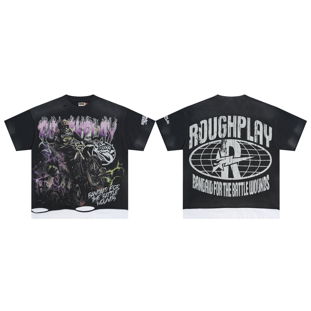 Roughplay Lightning Dirt‑Bike Rider Layered Hem Double‑Sided Distressed Tee