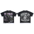 Roughplay Lightning Dirt‑Bike Rider Layered Hem Double‑Sided Distressed Tee